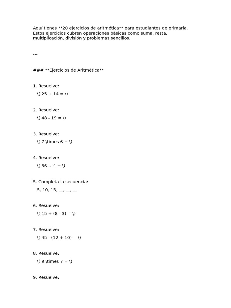 Ejercicios Básicos de Aritmética Primaria | PDF