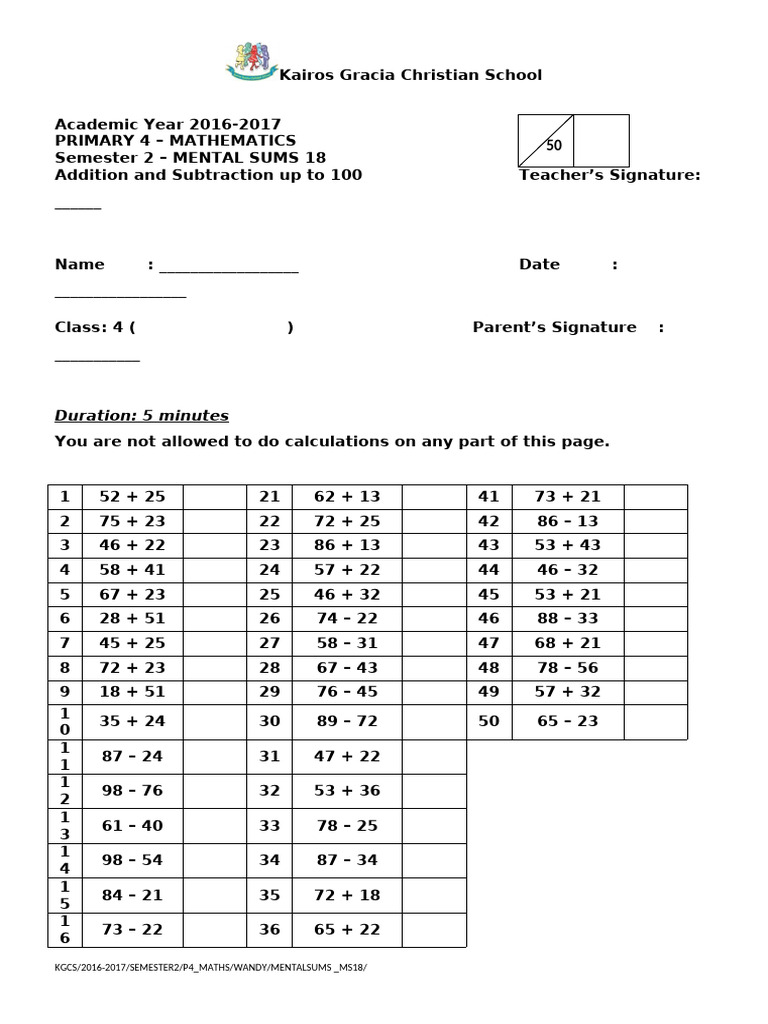 Primary 4 Mental Math Sums Guide | PDF
