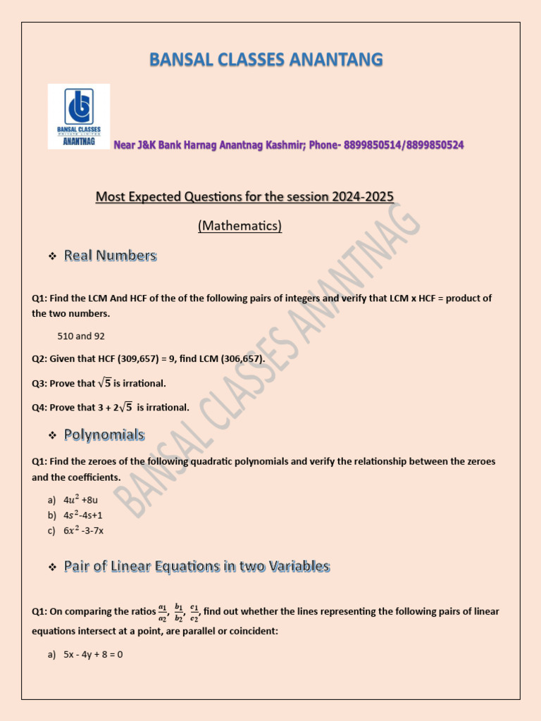 Class 10 Maths Model Questions 2024-25 | PDF | Circle | Sphere