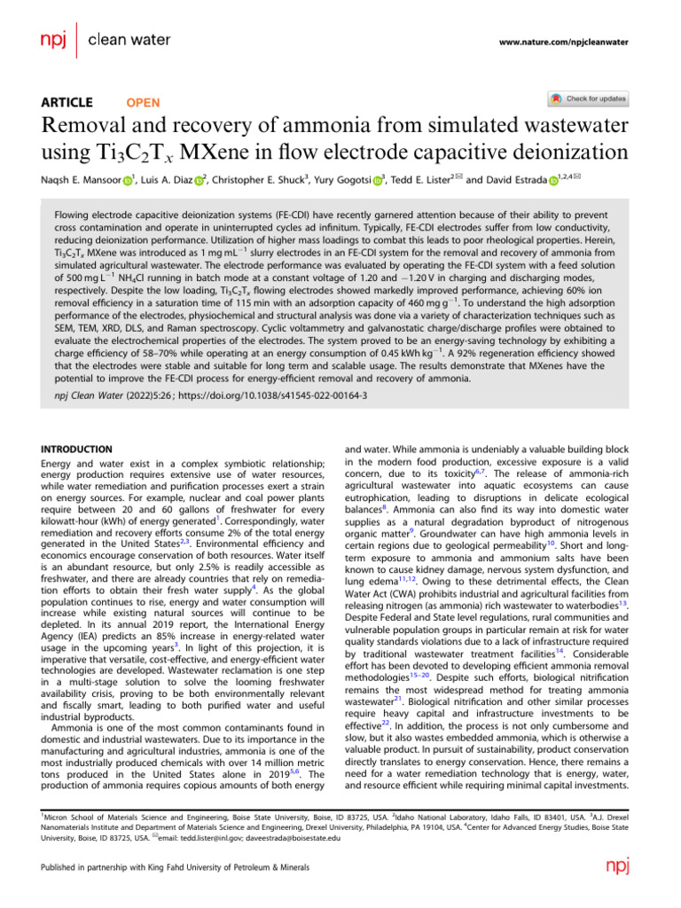 Ammonia Removal via Ti3C2Tx MXene in FE-CDI | PDF | Chemistry | Applied ...