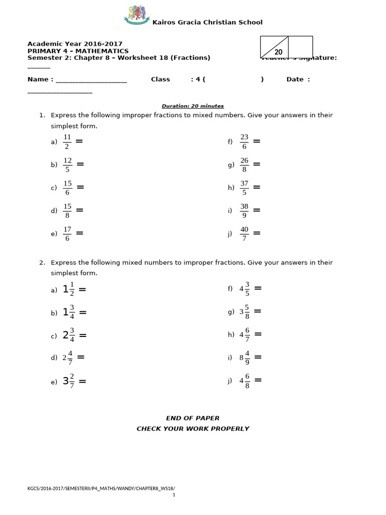Primary 4 Math Worksheet: Fractions | PDF | Mathematical Concepts ...