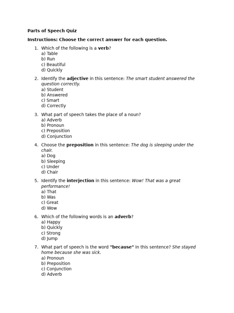 Parts of Speech Quiz Instructions: Choose The Correct Answer For Each ...