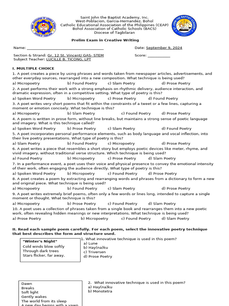Gr. 12 Creative Writing Exam Guide | PDF | Poetry | Poetics