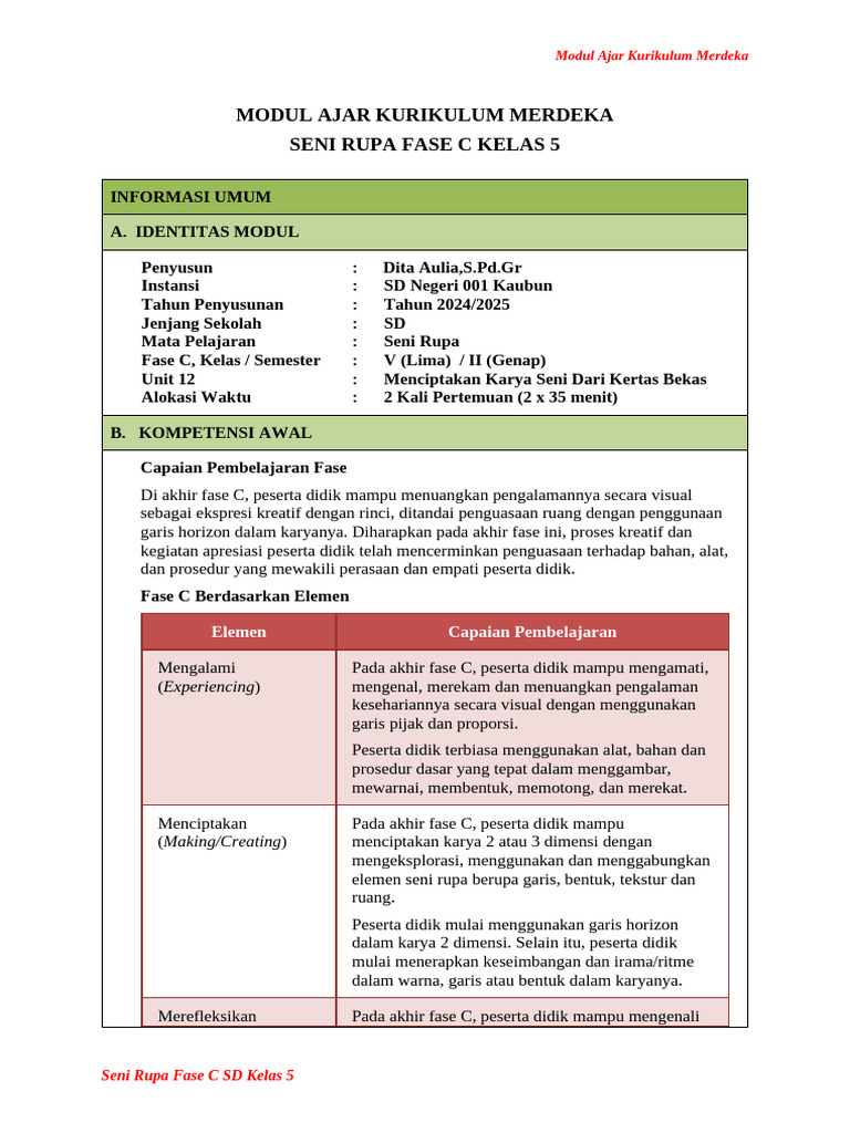 Modul Ajar Seni Rupa Kelas 5 SD | PDF
