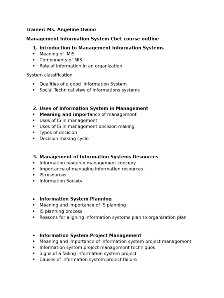 Mis Cbet Course Outline Pdf