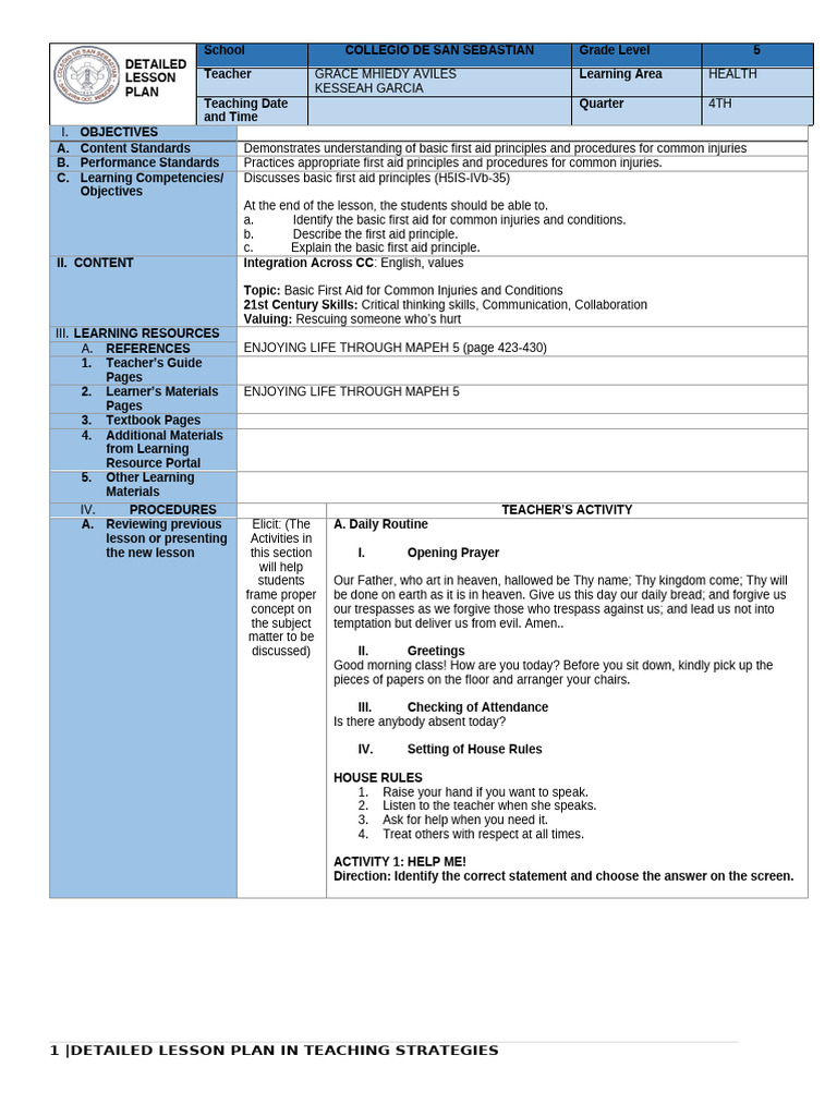 First Aid Lesson Plan for Grade 5 | PDF | First Aid | Learning