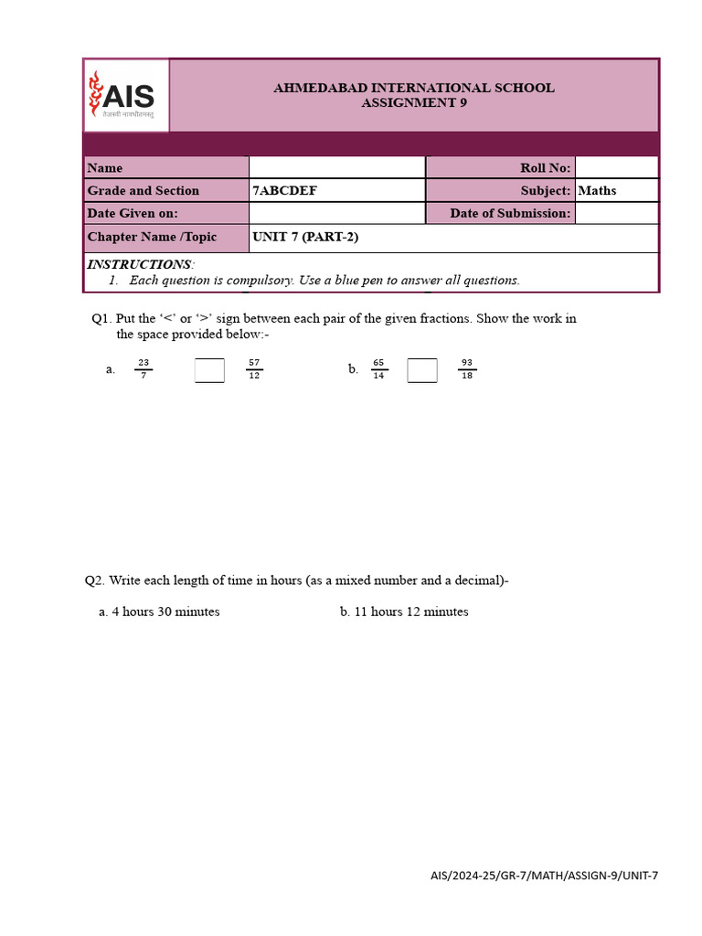 Ais 2024-25 Gr-7 Math Assign-9 Unit-7 | PDF | Mathematical Notation ...