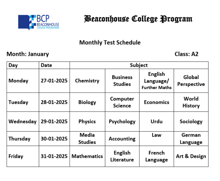 A2 January Test Schedule Pdf