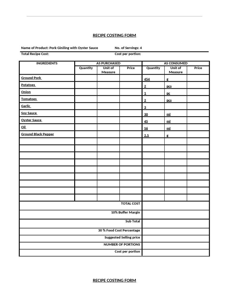 Recipe Costing Forms for Pork Dishes | PDF | Sauce | Foods