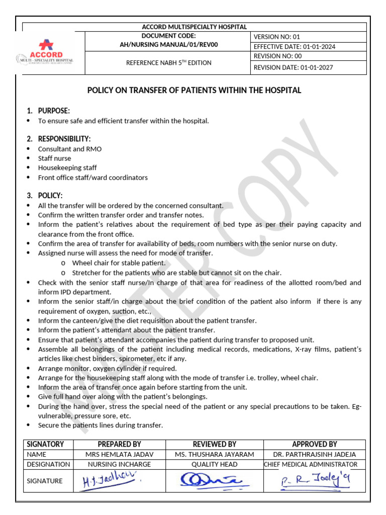 Patient Transfer Policy Manual | PDF | Patient | Hospital