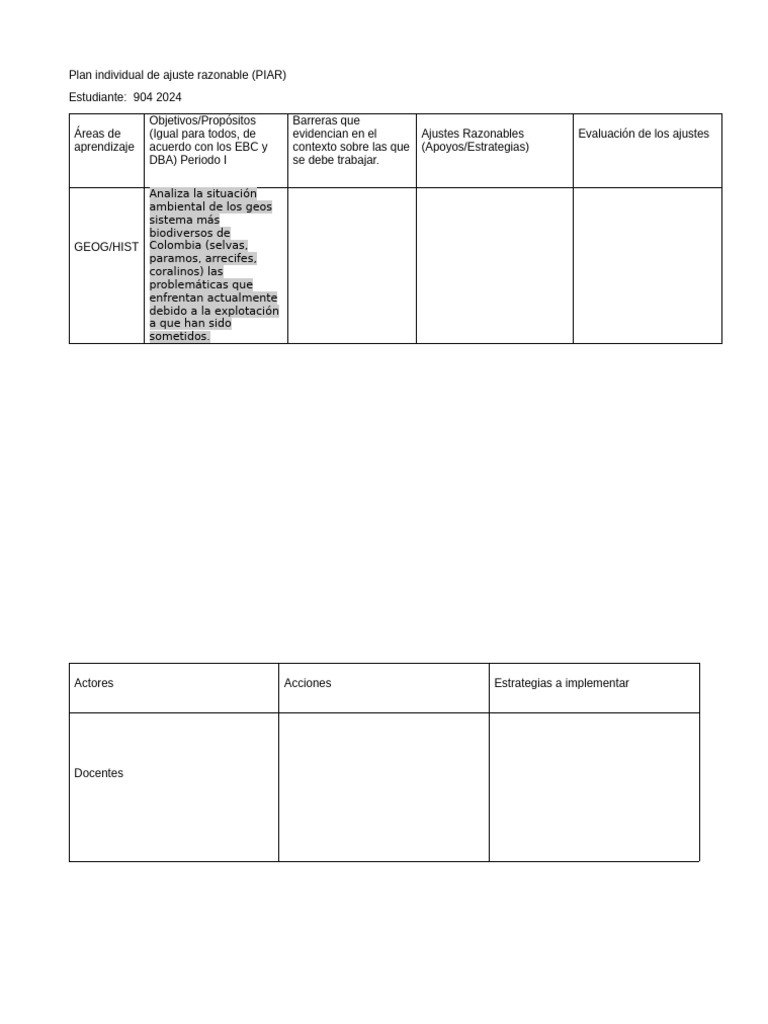 Plan de Ajuste Razonable para Estudiantes | PDF