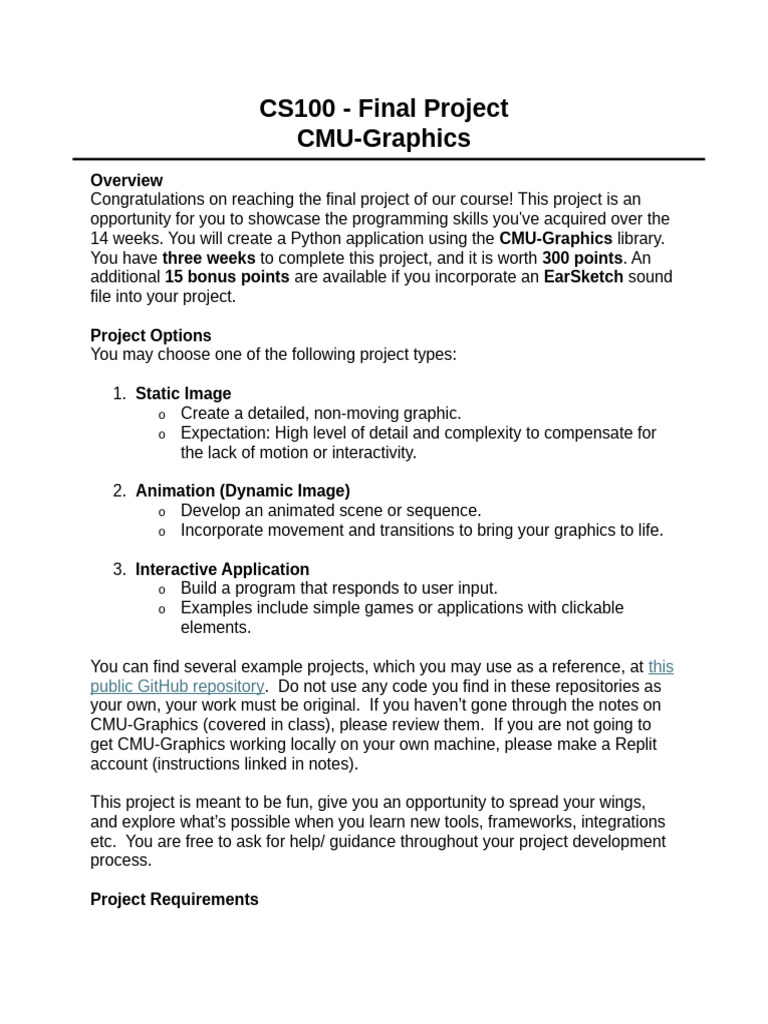 CS100 - Final Project Instructions | PDF | Computer Programming ...