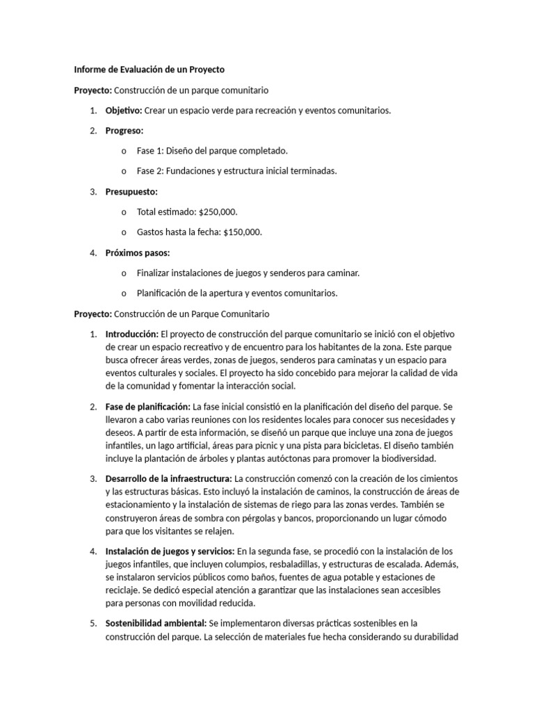 Informe de Evaluación de Un Proyecto | PDF | Presupuesto | Parques