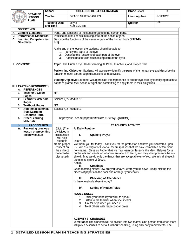 Lesson Plan: The Human Eye for Grade 3 | PDF | Eye | Visual Perception