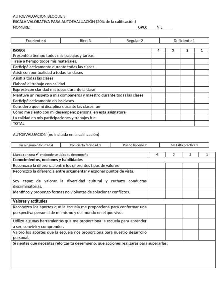 Autoevaluación y Escala Valorativa 5-1 | PDF | Cognición | Ciencias del ...