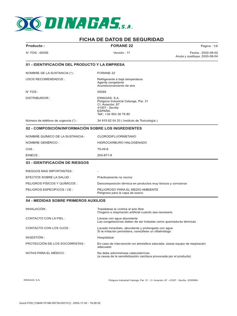 Ficha de Seguridad: Forane 22 | PDF | Hidrógeno | Solubilidad