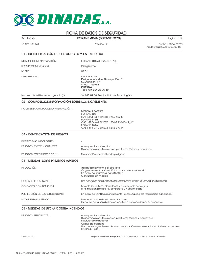 Ficha de Seguridad Forane 404A | PDF | Hidrógeno | Combustión