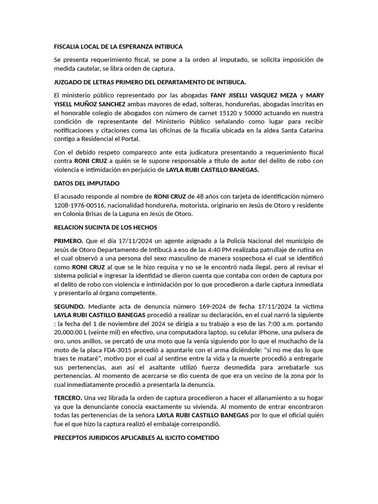 Requerimiento Fiscal por Robo Violento en Intibucá | PDF | Fiscal | Policía