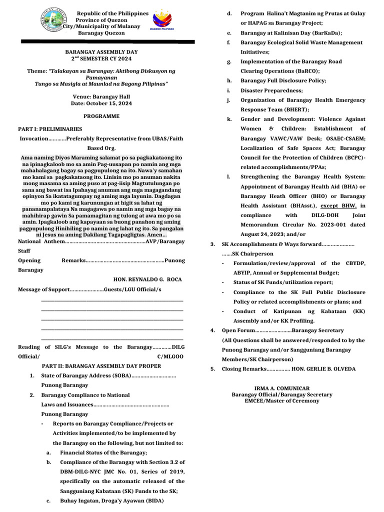 Mulanay Barangay Assembly Day 2024 | PDF | Philippines