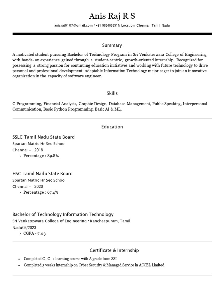 Anis Raj R S - CV | PDF