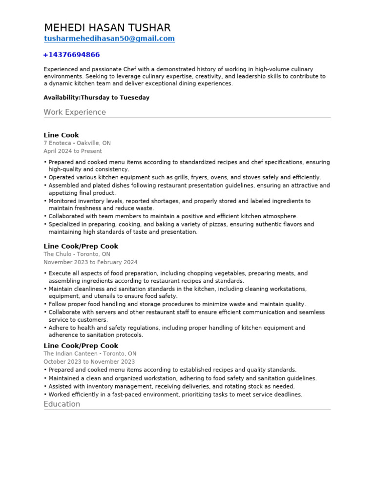 Mehedi Hasan Resume (2) | PDF | Kitchen | Cooking