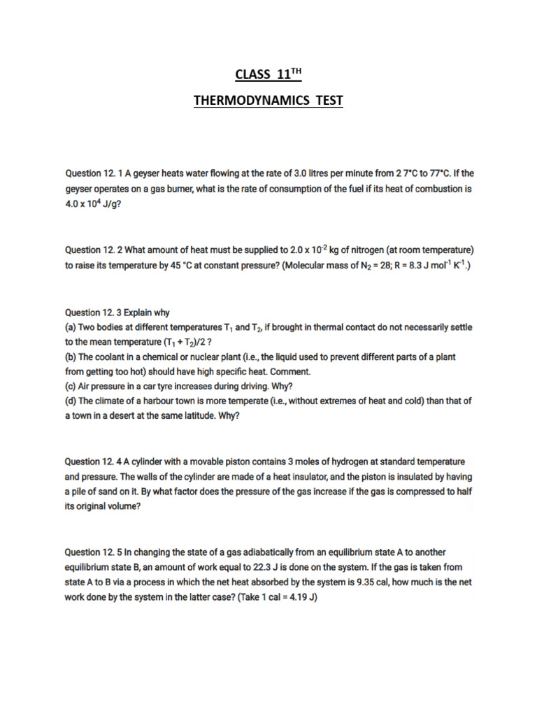 Class 11 Thermodynamics Test Guide | PDF