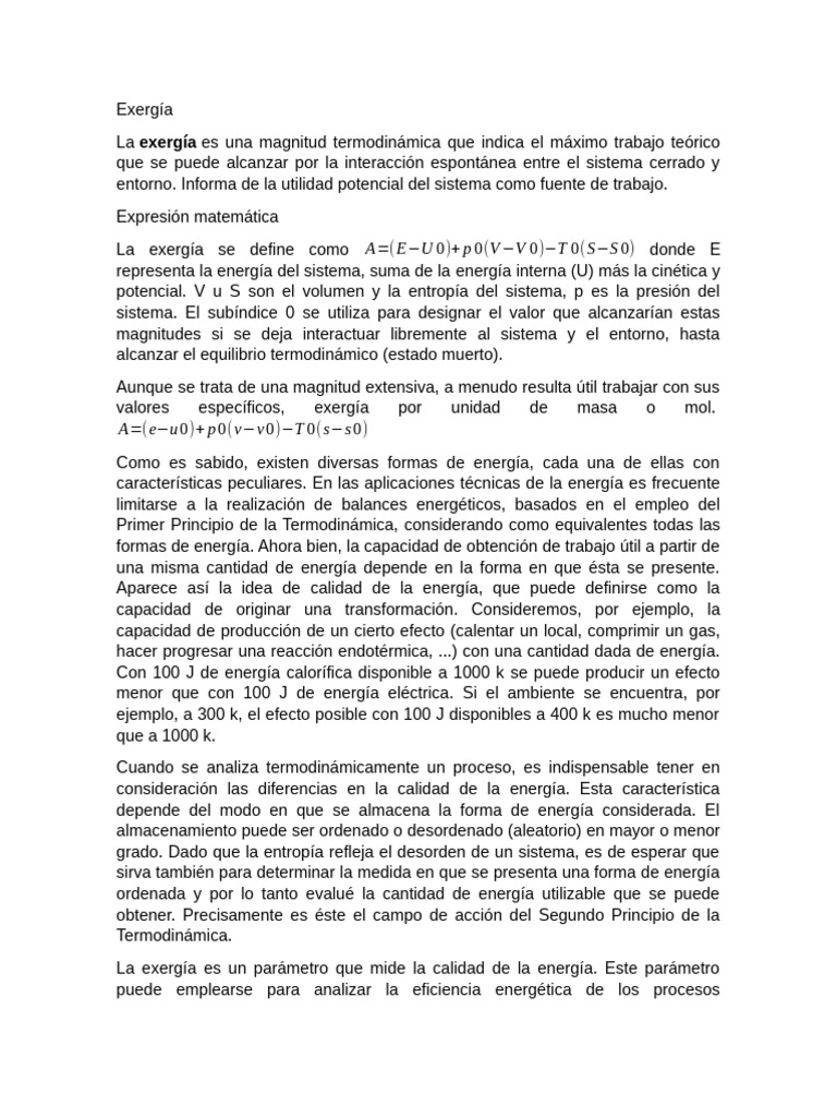 Exergía: Conceptos y Aplicaciones Termodinámicas | PDF | Ejercicio ...