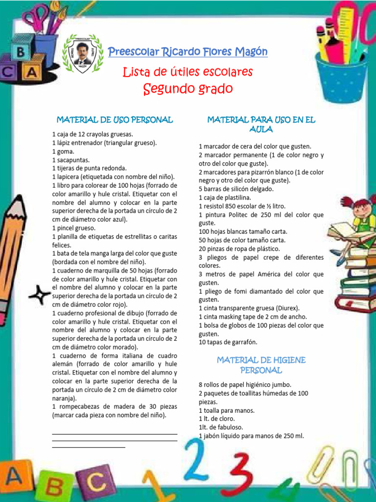 Lista de útiles para segundo grado preescolar | PDF | Color