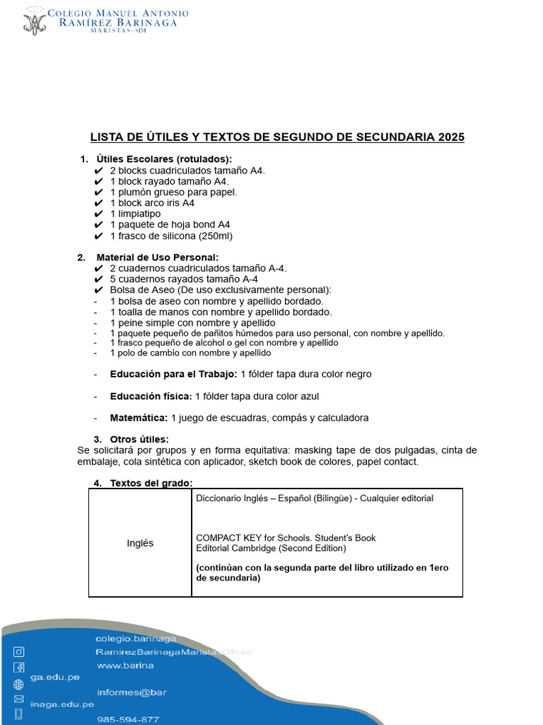 Lista de Utiles 2do Ano de Secundaria | PDF