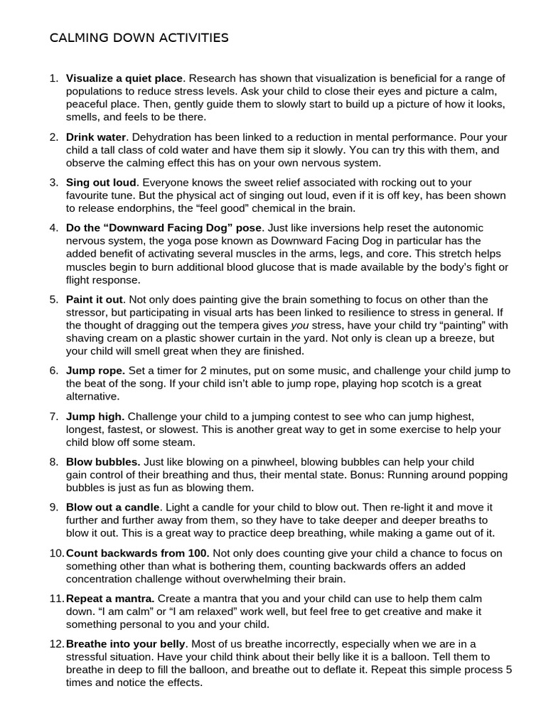 Calming Down Activities | PDF | Stress (Biology) | Mood (Psychology)
