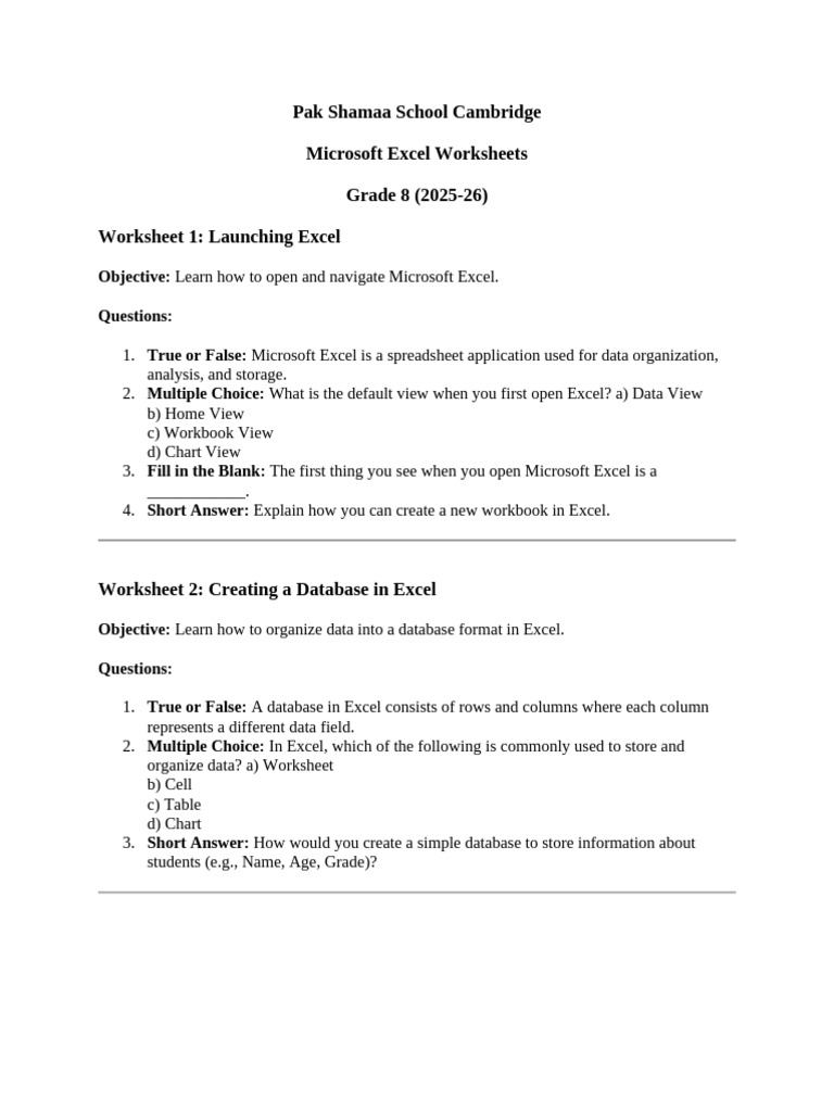 Grade 8 Microsoft Excel Worksheet Pdf Microsoft Excel Worksheet