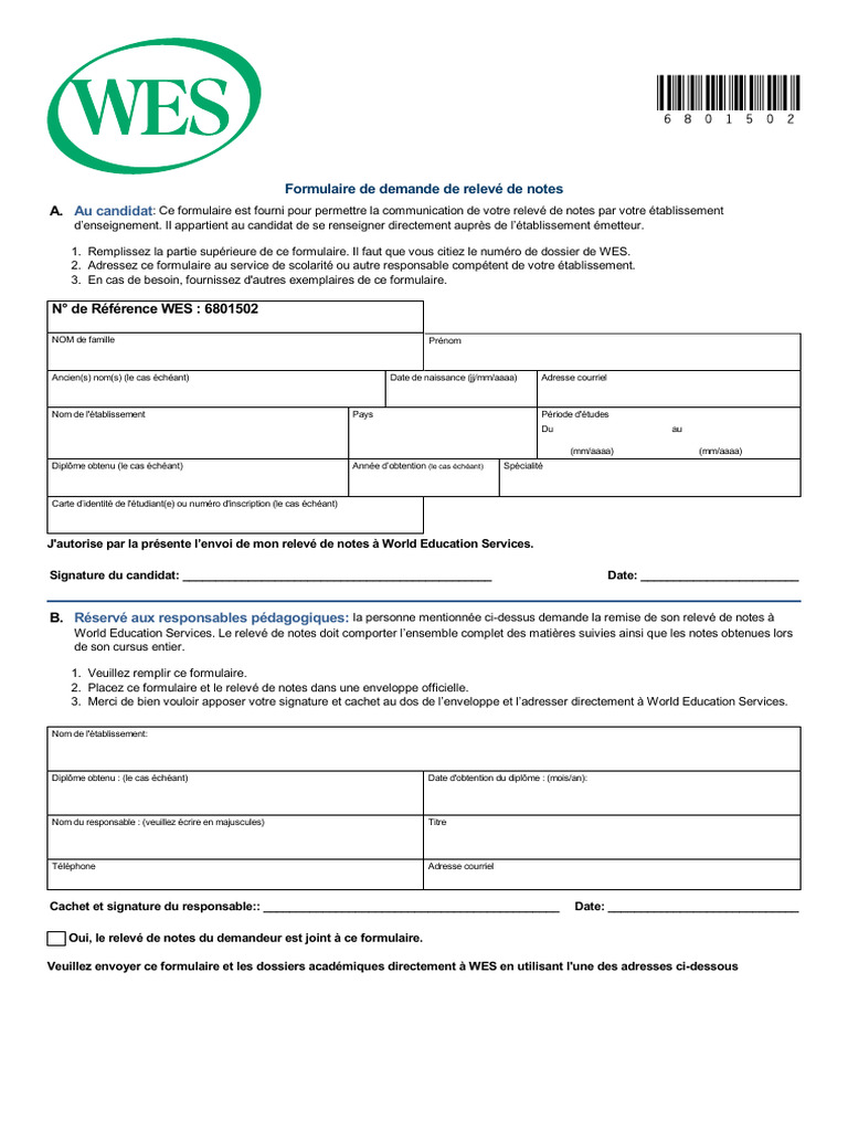 Demande de relevé de notes WES | PDF