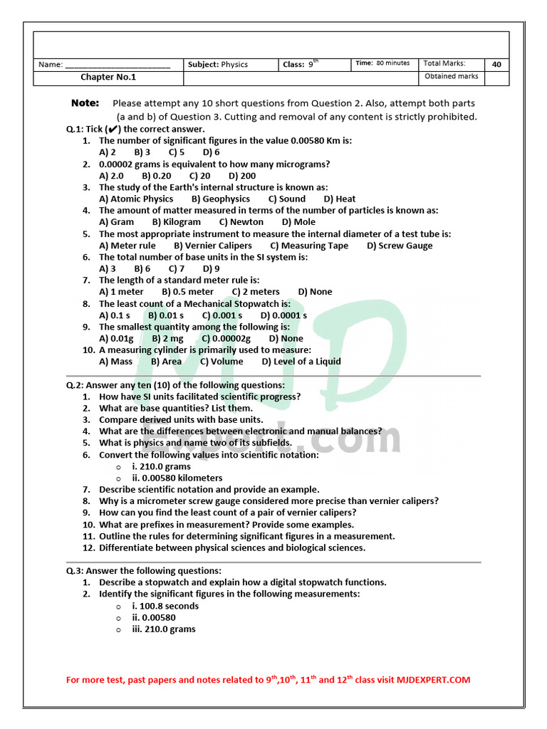 Class 9 Physics Chapter 1 Test Questions | PDF | Measurement | Metre