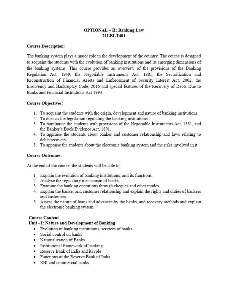 Banking Law Course Overview and Objectives | PDF | Banks | Negotiable ...