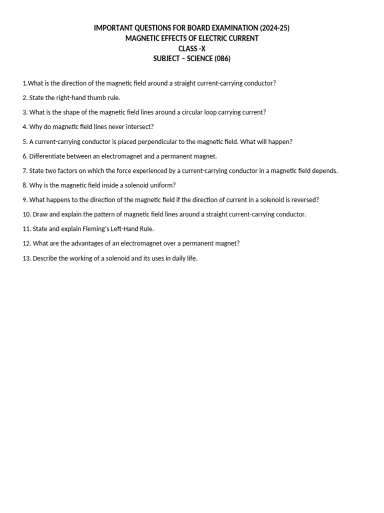 Important Science Questions Chapter Magnetic Effects of Electric ...