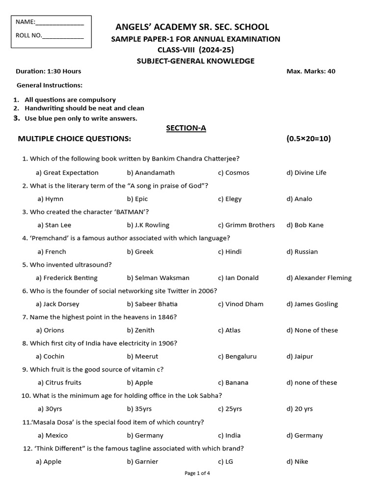 Class VIII General Knowledge Sample Paper | PDF