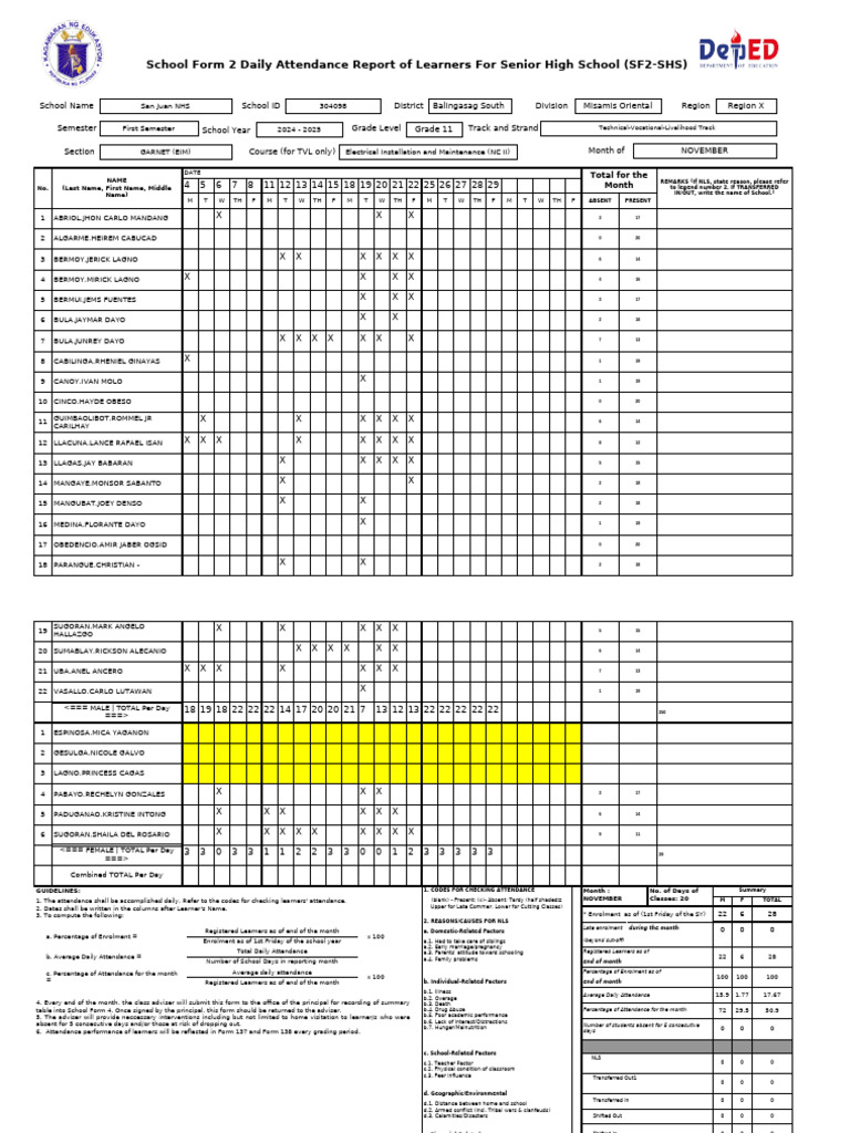 SHS Daily Attendance Report - November 2024 | PDF | Family | Youth