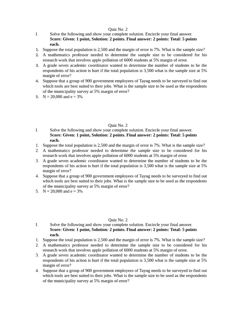 QUIZ 2 STEM | PDF | Sample Size Determination | Sampling (Statistics)
