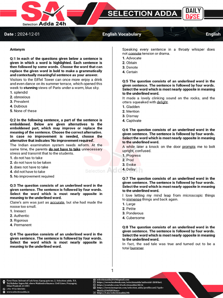English Vocabulary English 2024-12-01 Selection Adda | PDF