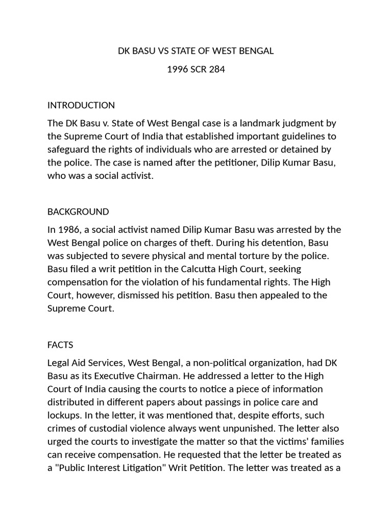 DK BASU VS STATE OF WEST BENGAL by Adhiraj Nagpure | PDF | Arrest ...
