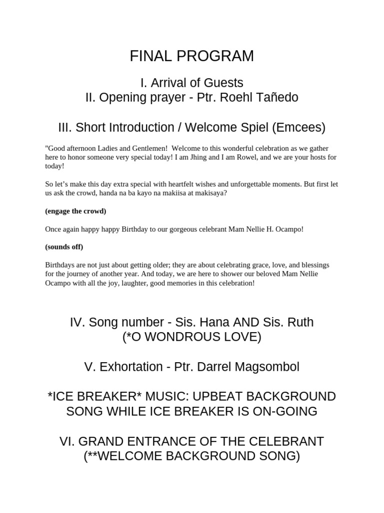 Birthday Celebration Program for Mam Nellie | PDF