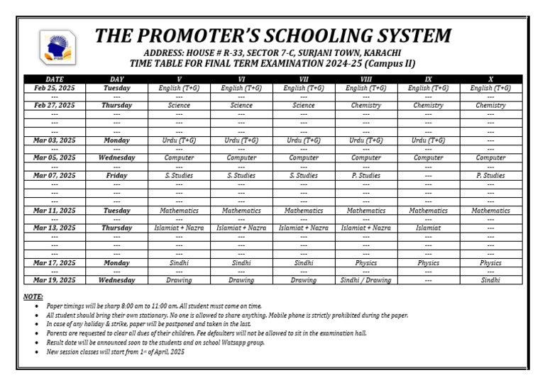 Timetable For Final Term - Campus II | PDF