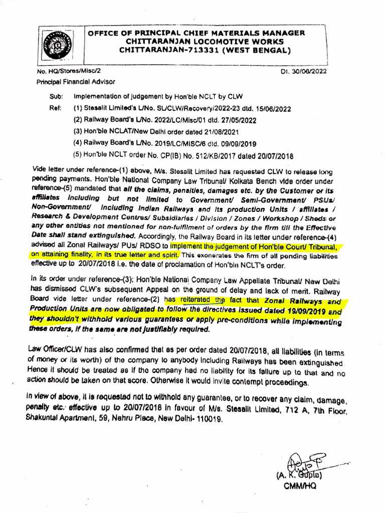 NCLT Judgment Implementation for CLW | PDF | Separation Of Powers ...