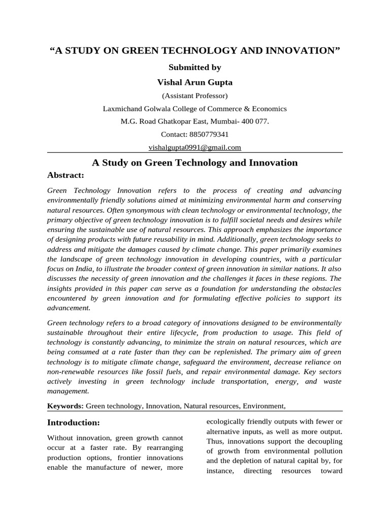 A Study On Green Technology and Innovation | PDF | Environmental ...