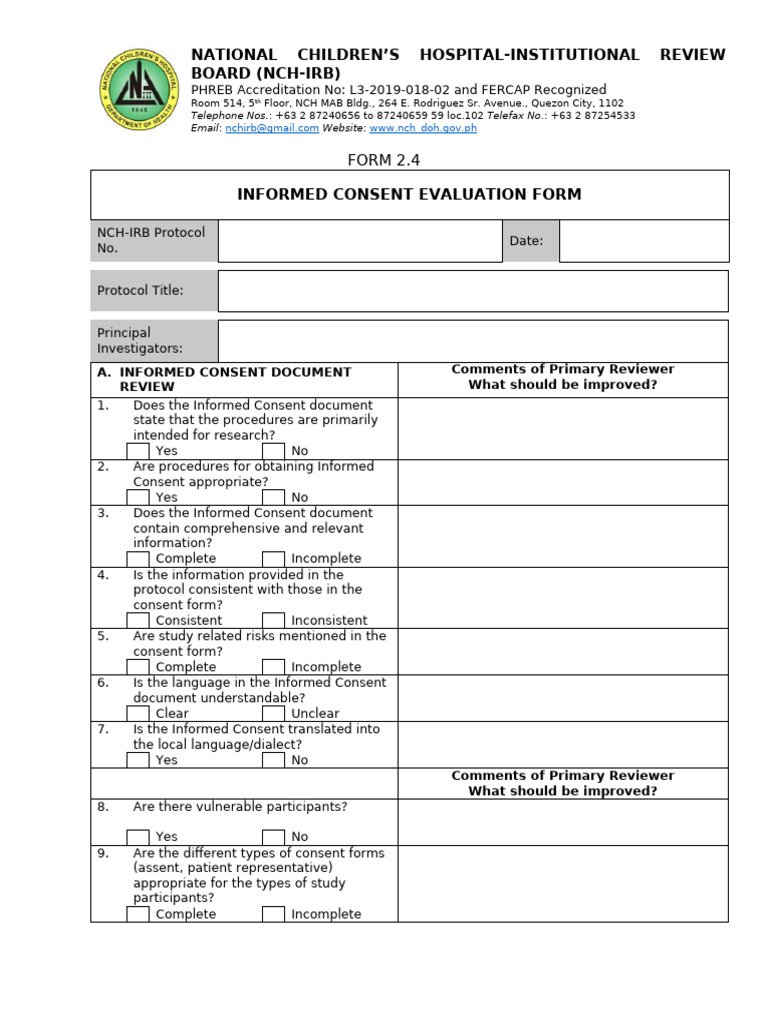 2018 NCH-IRB FORM 2.4 Informed Consent Evaluation Form | PDF | Informed ...