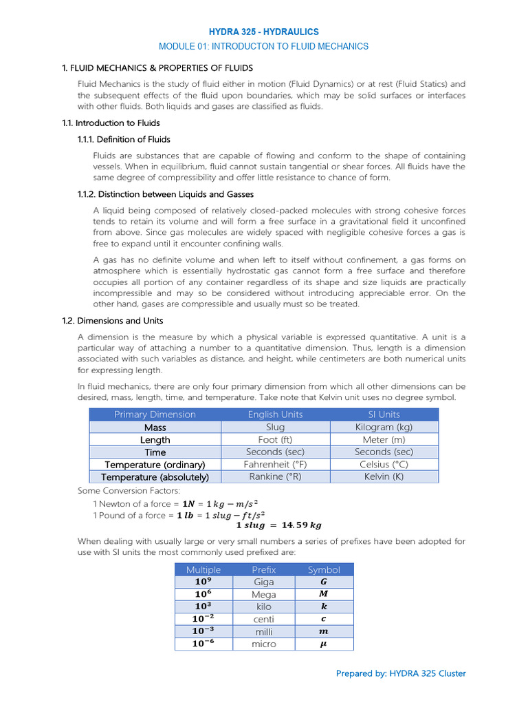 MODULE 01 - Introduction To Fluid Mechanics | PDF | Pressure | Density