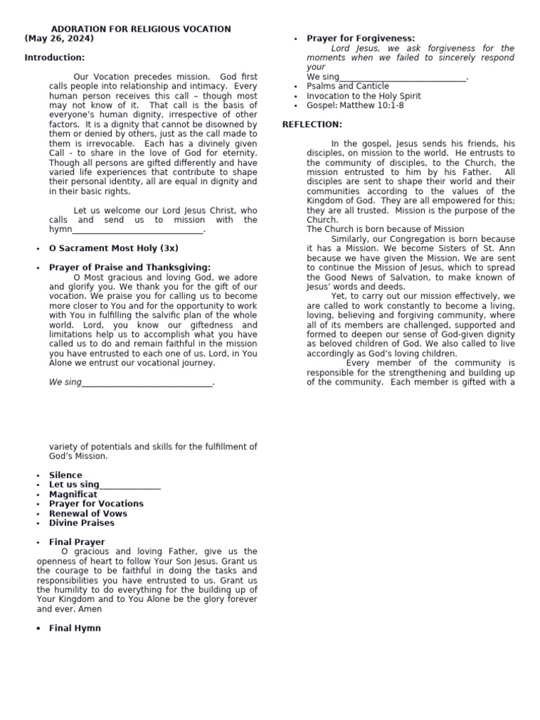 Vocation Adoration Prayer Service | PDF | Jesus | Disciple (Christianity)