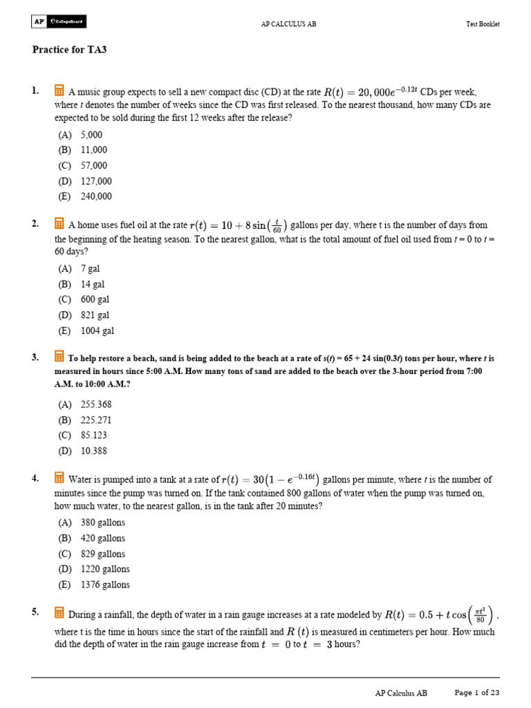 AP Calculus AB Practice Test Questions | PDF | Velocity | Acceleration