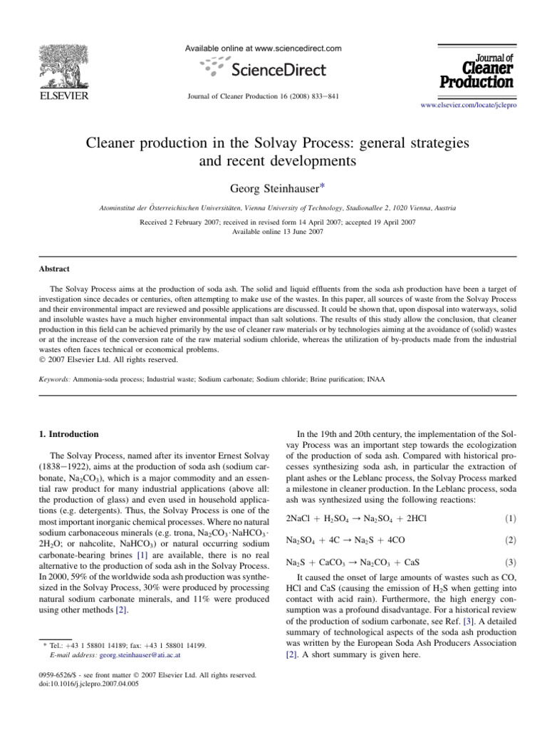 Cleaner Production in Solvay Process | PDF | Sodium Carbonate ...