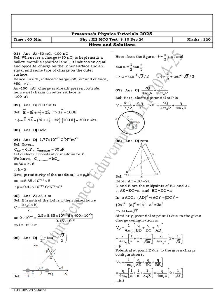 Physics MCQ Test XII Solutions 2025 | PDF | Capacitor | Capacitance
